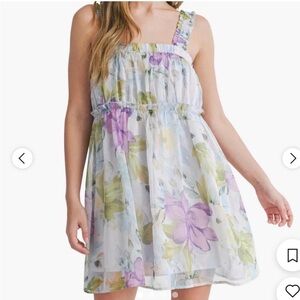 Lush floral babydoll dress with tank-top straps and purple lining.